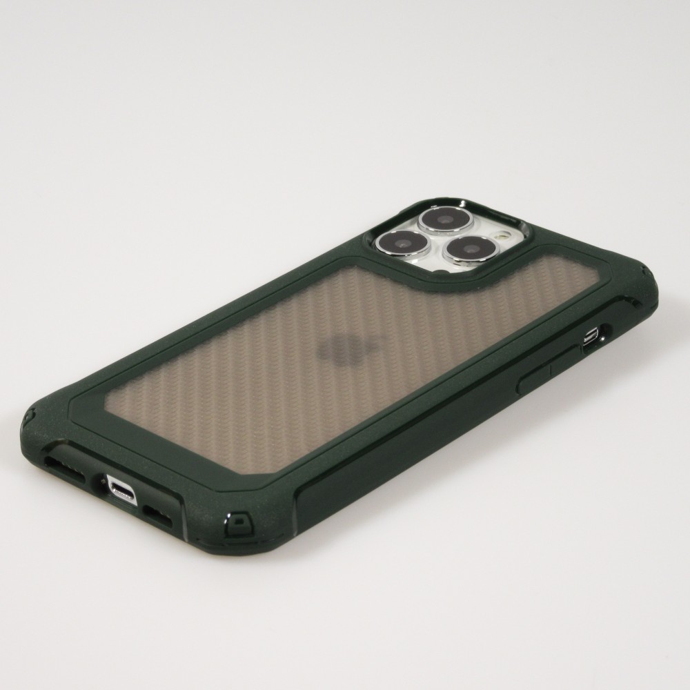 Coque iPhone 13 Pro Max - Cover Military Élite avec dos en carbone semi-transparent - Vert foncé