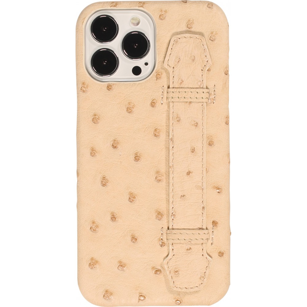 iPhone 13 Pro Max Case Hülle - Echtes Straußenleder mit Halteriemen - Beige