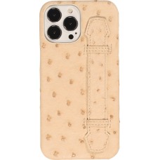 Coque iPhone 13 Pro Max - Cuir d'autruche véritable avec lanière strap de soutien - Beige