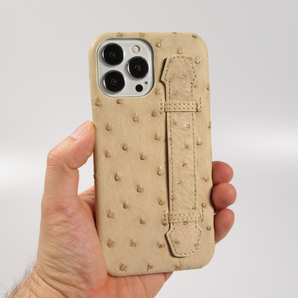 iPhone 13 Pro Max Case Hülle - Echtes Straußenleder mit Halteriemen - Beige