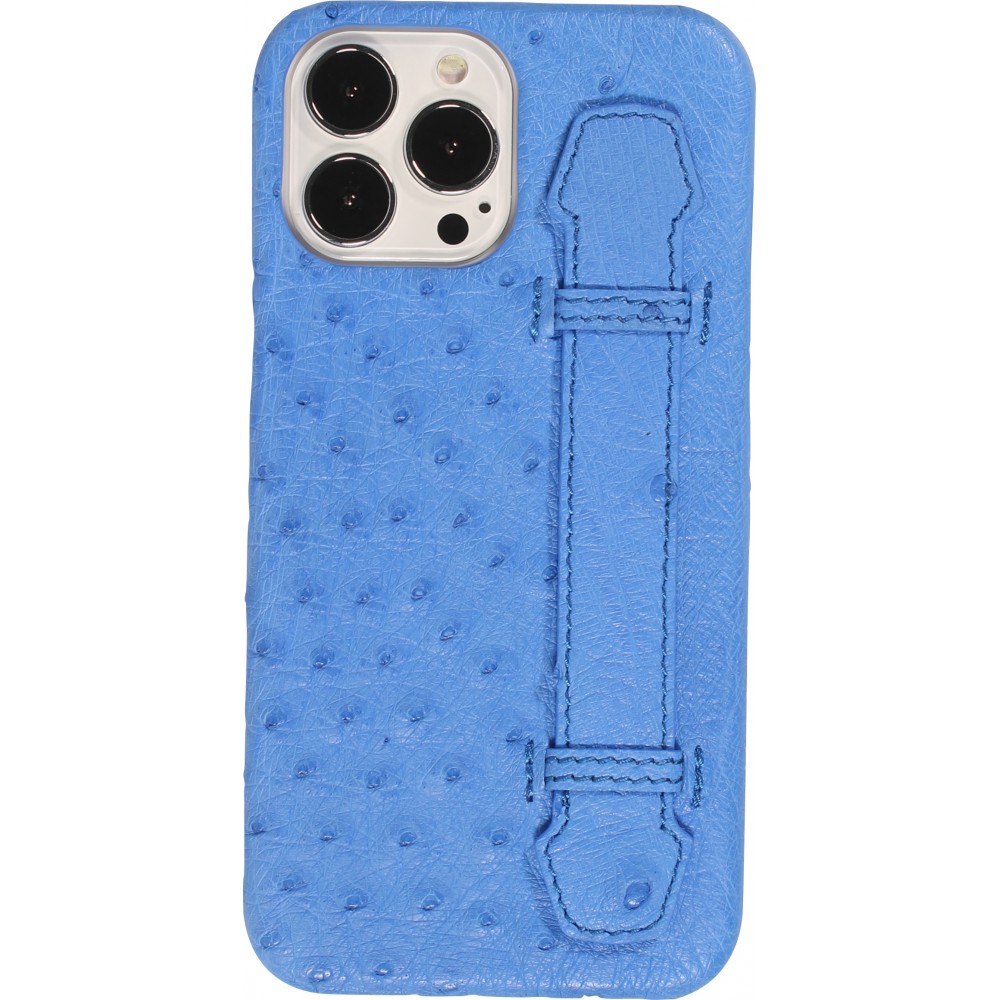 Coque iPhone 13 Pro Max - Cuir d'autruche véritable avec lanière strap de soutien - Bleu