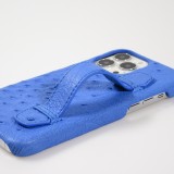 iPhone 13 Pro Max Case Hülle - Echtes Straußenleder mit Halteriemen - Blau