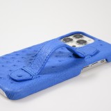 Coque iPhone 13 Pro Max - Cuir d'autruche véritable avec lanière strap de soutien - Bleu