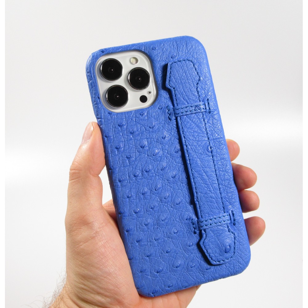 iPhone 13 Pro Max Case Hülle - Echtes Straußenleder mit Halteriemen - Blau