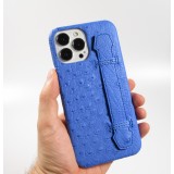 Coque iPhone 13 Pro Max - Cuir d'autruche véritable avec lanière strap de soutien - Bleu
