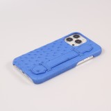 Coque iPhone 13 Pro Max - Cuir d'autruche véritable avec lanière strap de soutien - Bleu