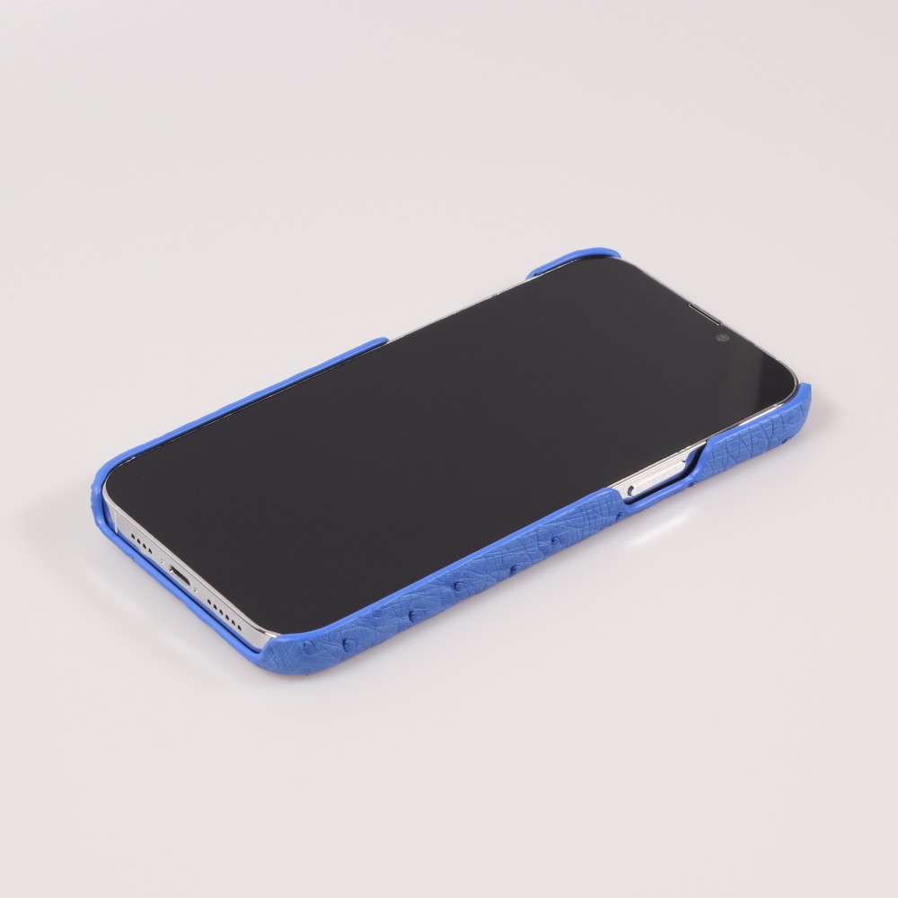 iPhone 13 Pro Max Case Hülle - Echtes Straußenleder mit Halteriemen - Blau