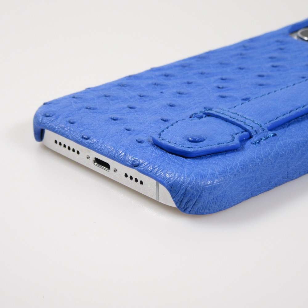 iPhone 13 Pro Max Case Hülle - Echtes Straußenleder mit Halteriemen - Blau