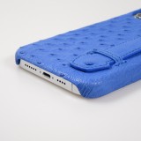 Coque iPhone 13 Pro Max - Cuir d'autruche véritable avec lanière strap de soutien - Bleu