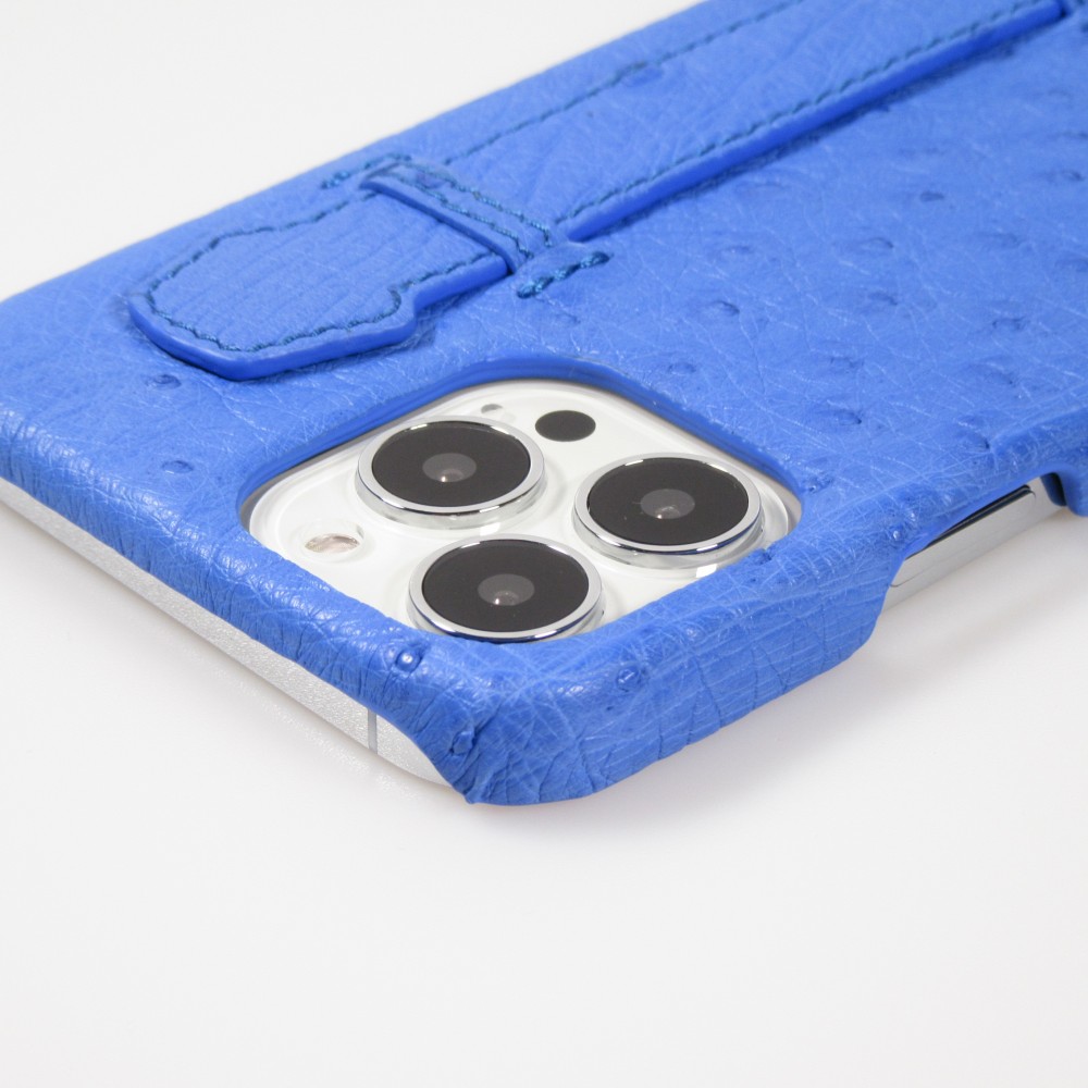 iPhone 13 Pro Max Case Hülle - Echtes Straußenleder mit Halteriemen - Blau