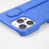 Coque iPhone 13 Pro Max - Cuir d'autruche véritable avec lanière strap de soutien - Bleu