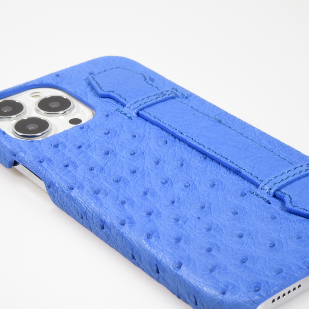 Coque iPhone 13 Pro Max - Cuir d'autruche véritable avec lanière strap de soutien - Bleu