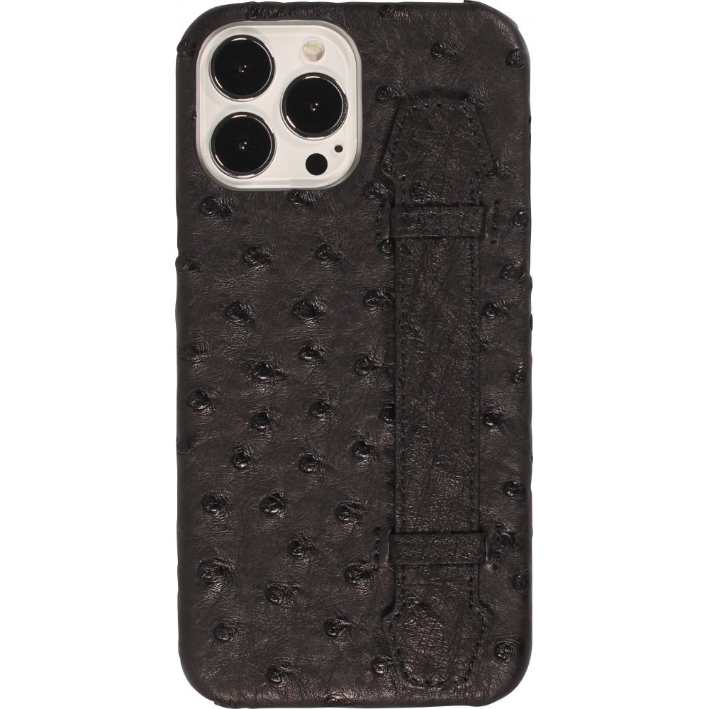 Coque iPhone 13 Pro Max - Cuir d'autruche véritable avec lanière strap de soutien - Noir