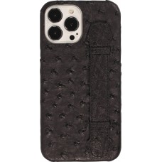 Coque iPhone 13 Pro Max - Cuir d'autruche véritable avec lanière strap de soutien - Noir