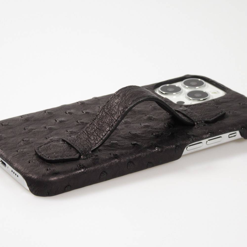 iPhone 13 Pro Max Case Hülle - Echtes Straußenleder mit Halteriemen - Schwarz