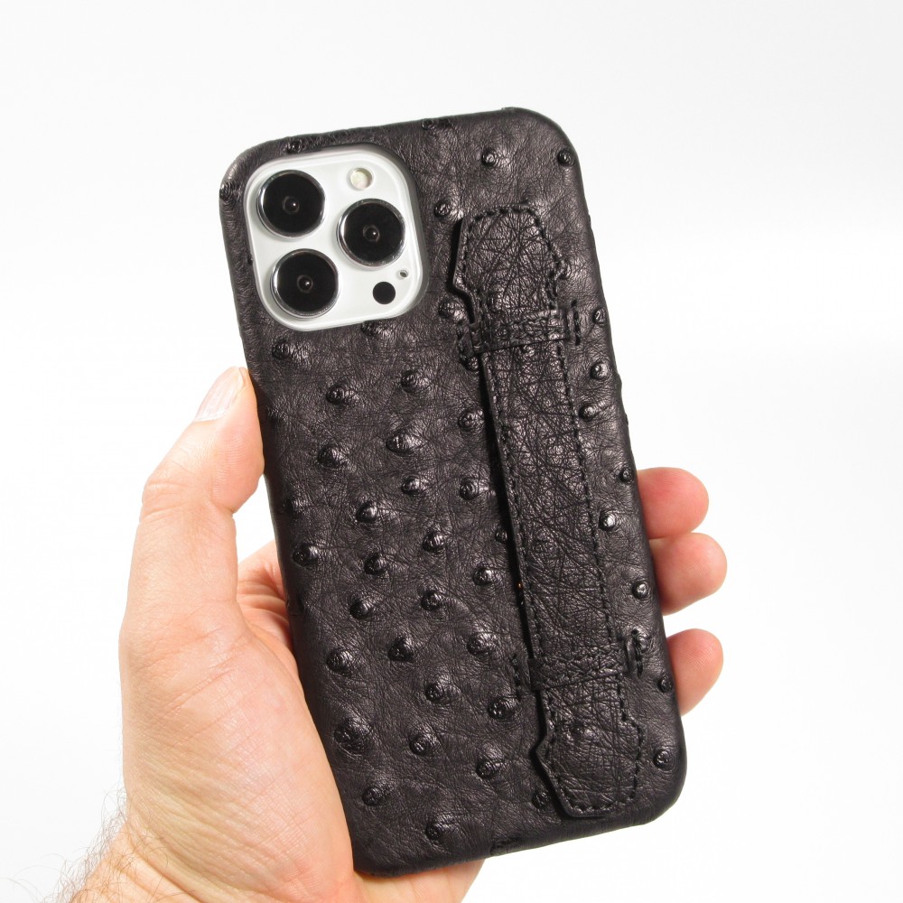 Coque iPhone 13 Pro Max - Cuir d'autruche véritable avec lanière strap de soutien - Noir