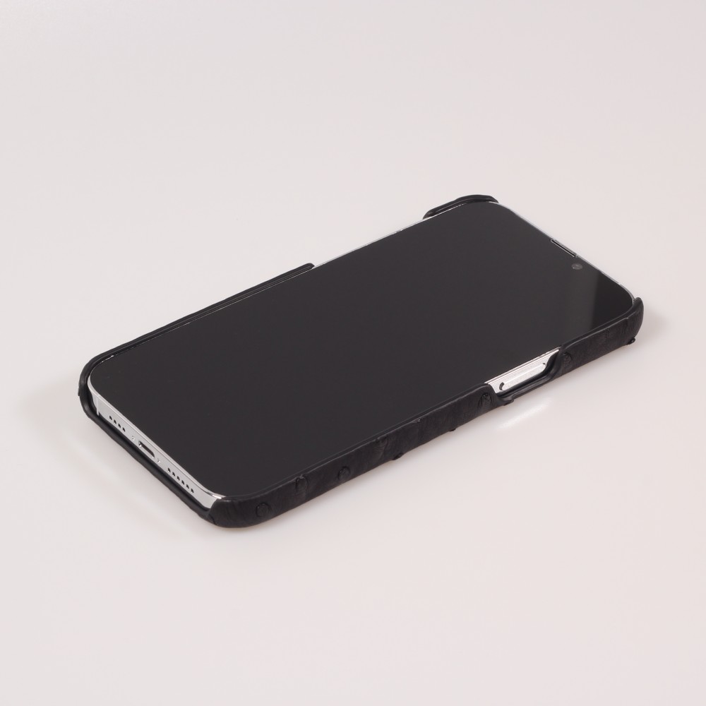 iPhone 13 Pro Max Case Hülle - Echtes Straußenleder mit Halteriemen - Schwarz