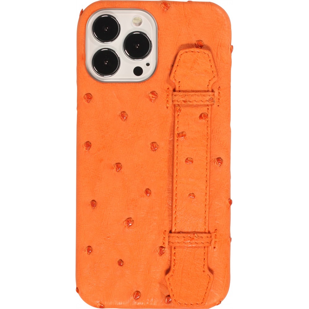 Coque iPhone 13 Pro Max - Cuir d'autruche véritable avec lanière strap de soutien - Orange