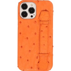 iPhone 13 Pro Max Case Hülle - Echtes Straußenleder mit Halteriemen - Orange