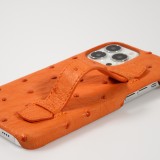 Coque iPhone 13 Pro Max - Cuir d'autruche véritable avec lanière strap de soutien - Orange