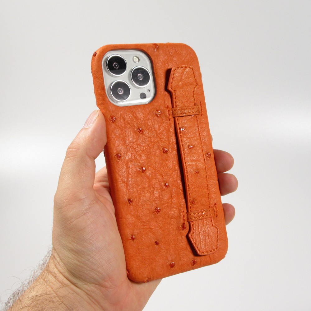 iPhone 13 Pro Max Case Hülle - Echtes Straußenleder mit Halteriemen - Orange