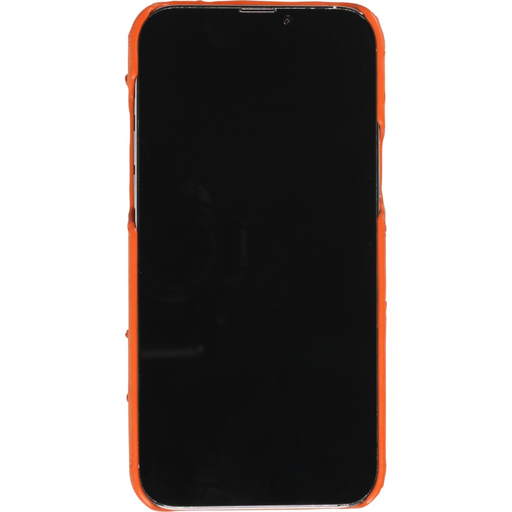 Coque iPhone 13 Pro Max - Cuir d'autruche véritable avec lanière strap de soutien - Orange
