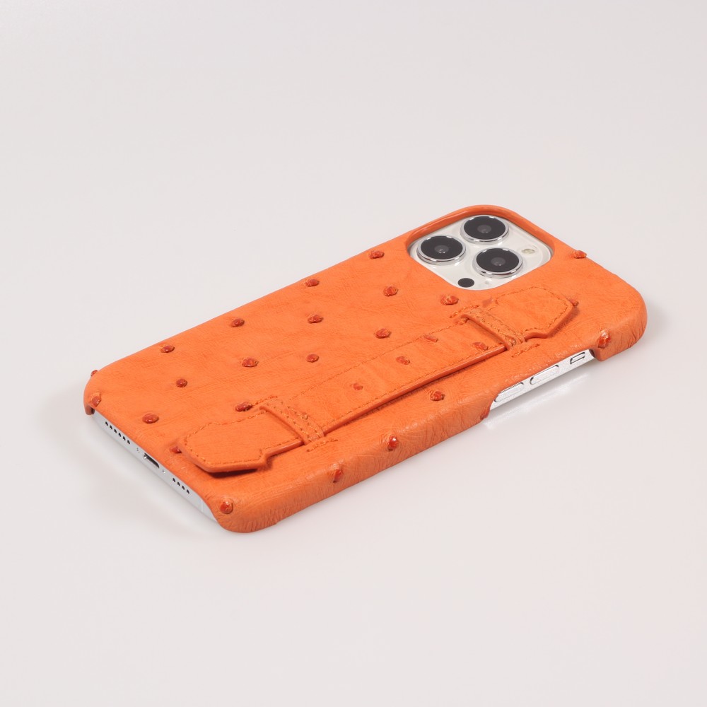 Coque iPhone 13 Pro Max - Cuir d'autruche véritable avec lanière strap de soutien - Orange