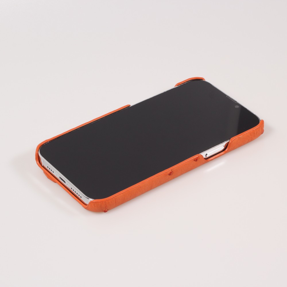 Coque iPhone 13 Pro Max - Cuir d'autruche véritable avec lanière strap de soutien - Orange