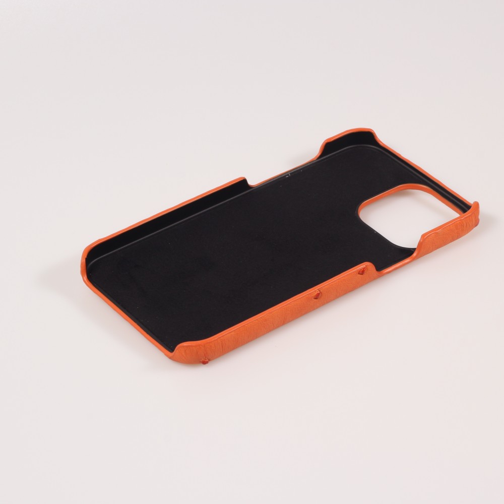 Coque iPhone 13 Pro Max - Cuir d'autruche véritable avec lanière strap de soutien - Orange