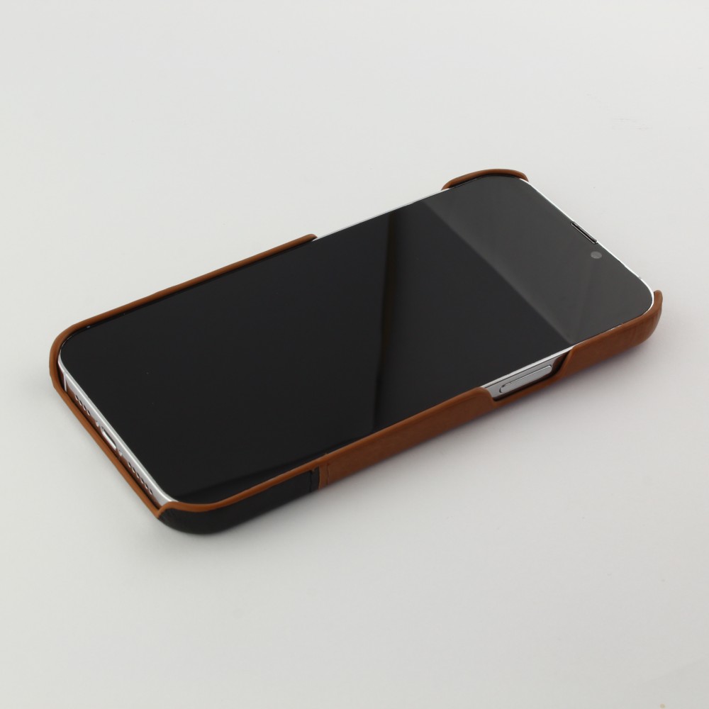 iPhone 13 Pro Max Case Hülle - Doppelleder hellbraun - Schwarz