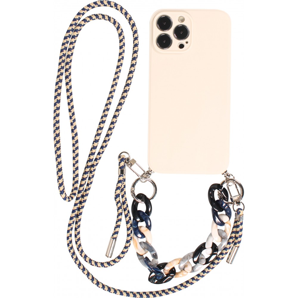 Coque iPhone 13 Pro Max - Gel silicone avec corde collier & chaîne de pierre décorative - Blanc