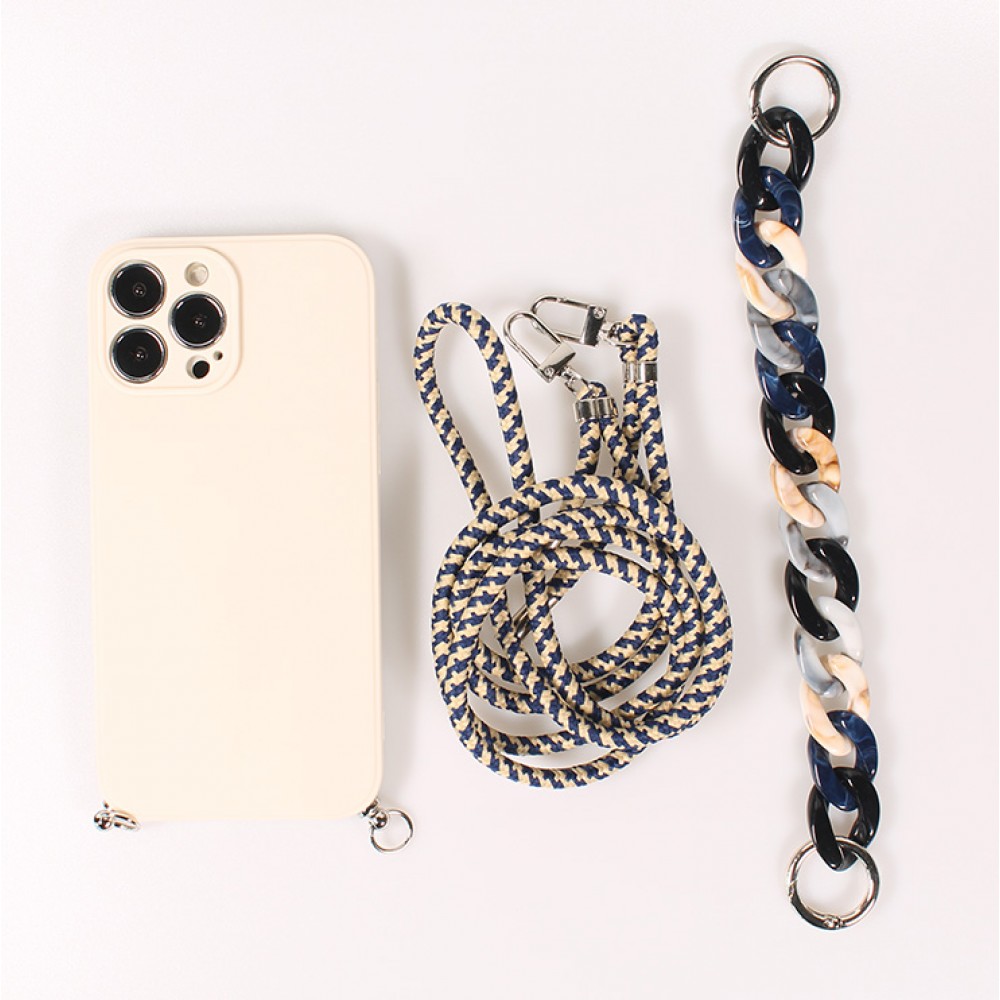 iPhone 13 Pro Max Case Hülle - Silikon Gel mit Umhänge Seil & Dekoration Stein Kette - Weiss