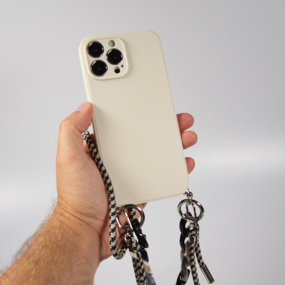 iPhone 13 Pro Max Case Hülle - Silikon Gel mit Umhänge Seil & Dekoration Stein Kette - Weiss