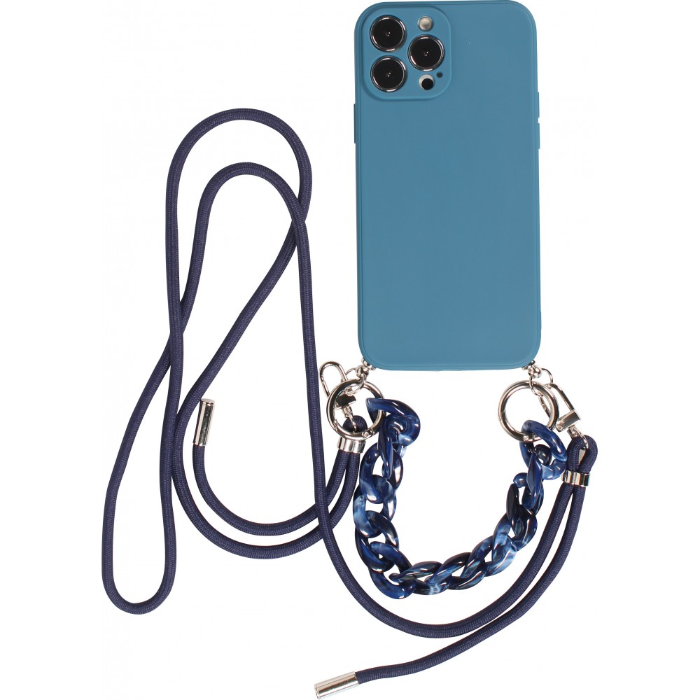 iPhone 13 Pro Max Case Hülle - Silikon Gel mit Umhänge Seil & Dekoration Stein Kette - Blau