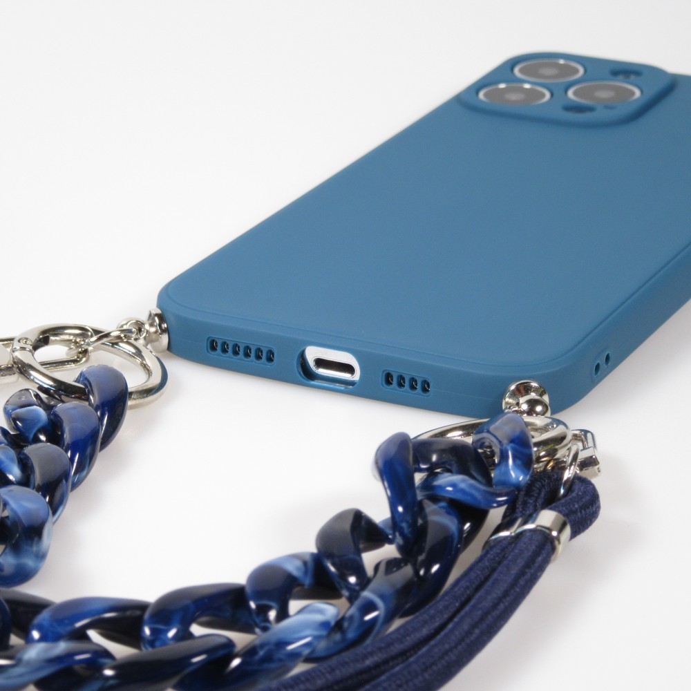 iPhone 13 Pro Max Case Hülle - Silikon Gel mit Umhänge Seil & Dekoration Stein Kette - Blau
