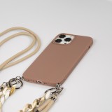 iPhone 13 Pro Max Case Hülle - Silikon Gel mit Umhänge Seil & Dekoration Stein Kette - Braun