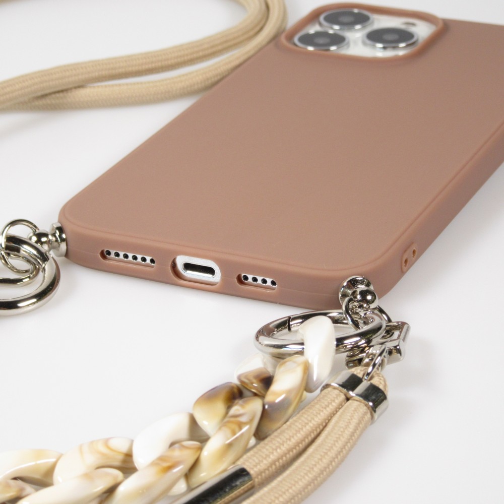 iPhone 13 Pro Max Case Hülle - Silikon Gel mit Umhänge Seil & Dekoration Stein Kette - Braun