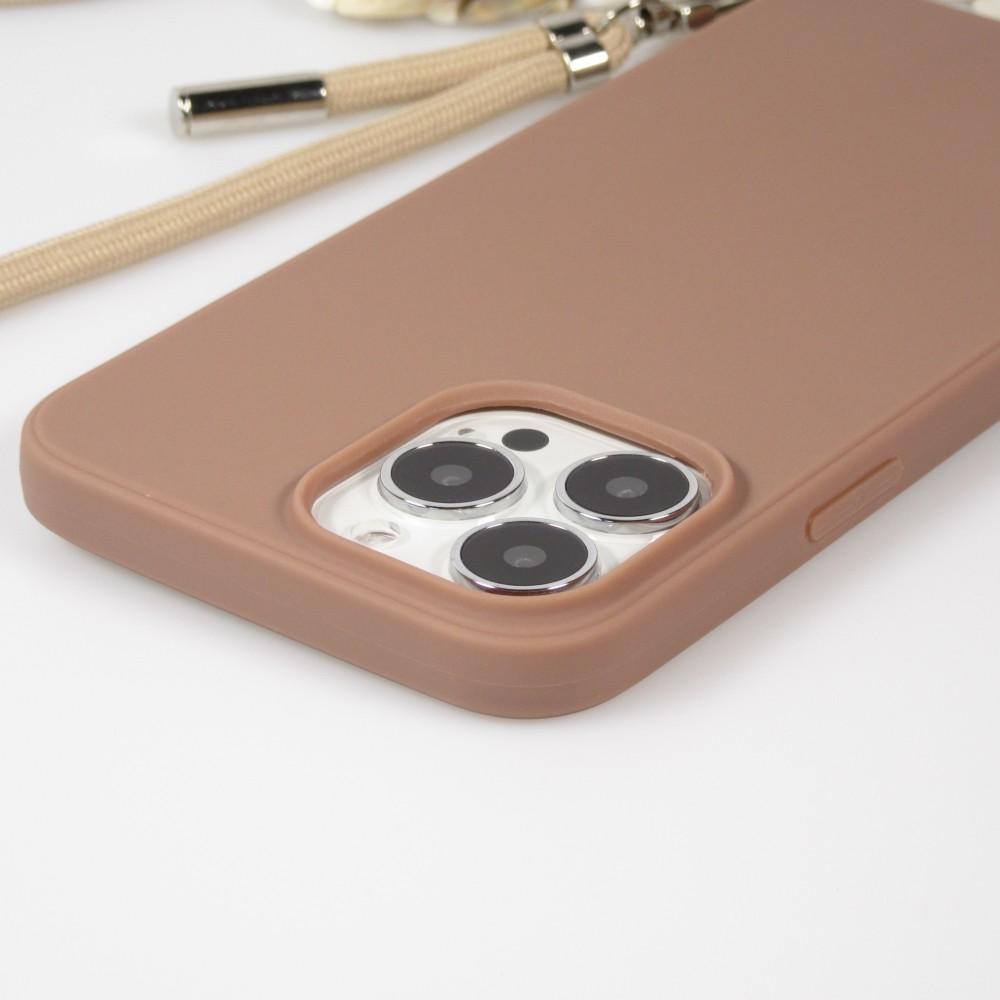 Coque iPhone 13 Pro Max - Gel silicone avec corde collier & chaîne de pierre décorative - Brun