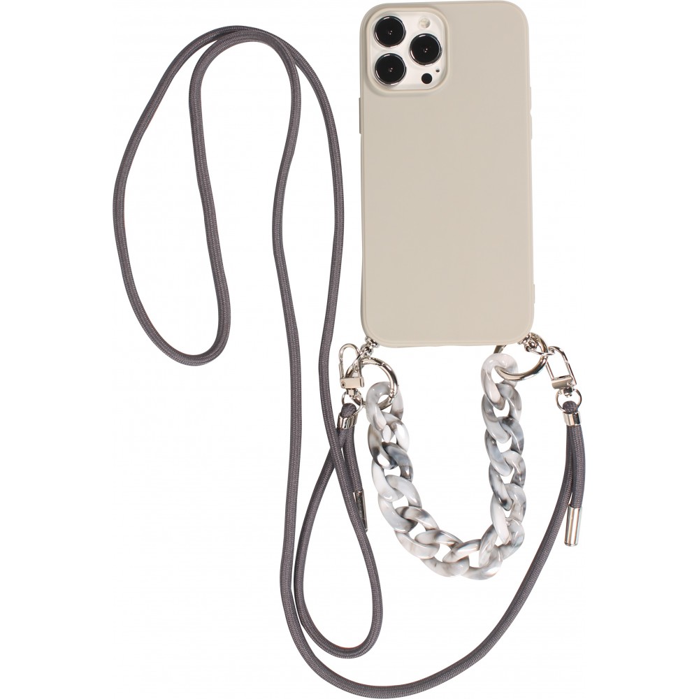 iPhone 13 Pro Max Case Hülle - Silikon Gel mit Umhänge Seil & Dekoration Stein Kette - Hellgrau