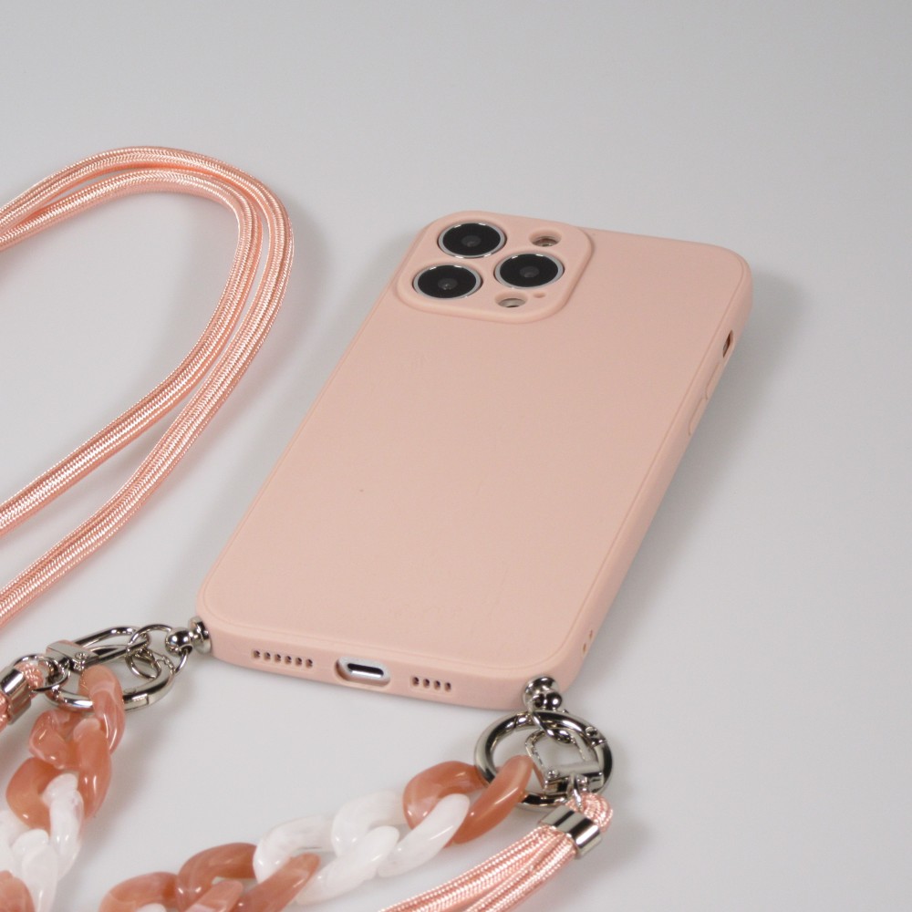 iPhone 13 Pro Max Case Hülle - Silikon Gel mit Umhänge Seil & Dekoration Stein Kette - Hellrosa