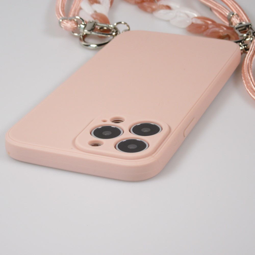 Coque iPhone 13 Pro Max - Gel silicone avec corde collier & chaîne de pierre décorative - Rose clair