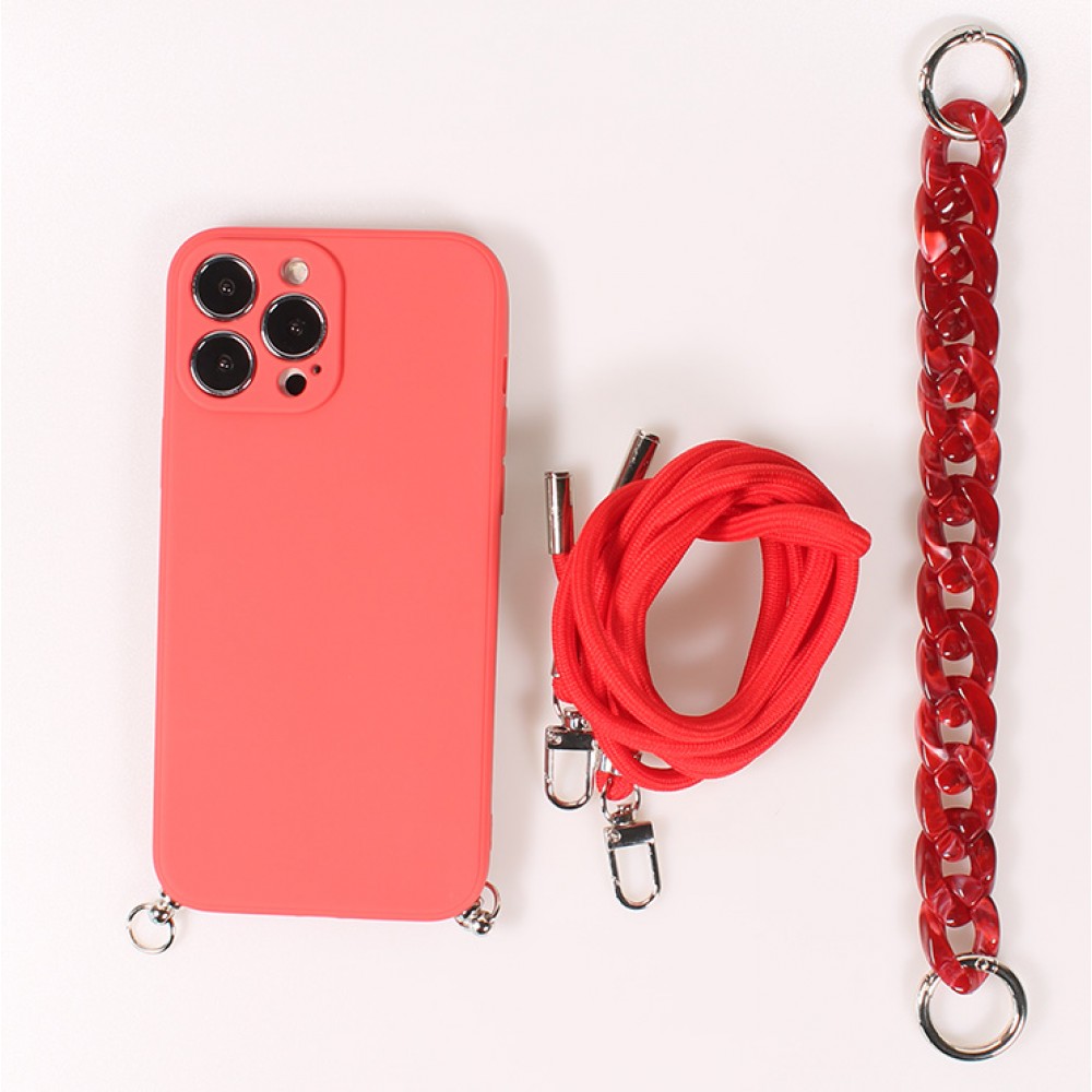 Coque iPhone 13 Pro Max - Gel silicone avec corde collier & chaîne de pierre décorative - Rouge