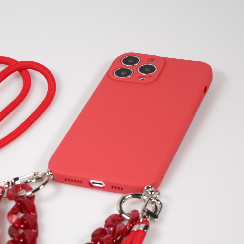 Coque iPhone 13 Pro Max - Gel silicone avec corde collier & chaîne de pierre décorative - Rouge