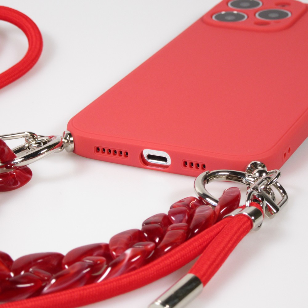 iPhone 13 Pro Max Case Hülle - Silikon Gel mit Umhänge Seil & Dekoration Stein Kette - Rot
