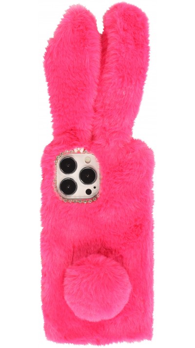 iPhone 13 Pro Max Case Hülle - Plüsch Hase mit Bummelschwänzchen und Ohren - Dunkelrosa