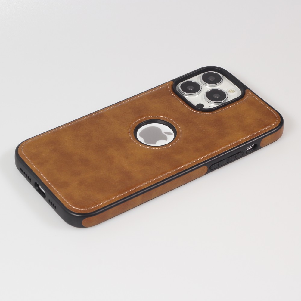 iPhone 13 Pro Max Case Hülle - Premium Leder mit Ziernähten und Loch   - Braun