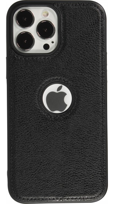 iPhone 13 Pro Max Case Hülle - Premium Leder mit Ziernähten und Loch   - Schwarz