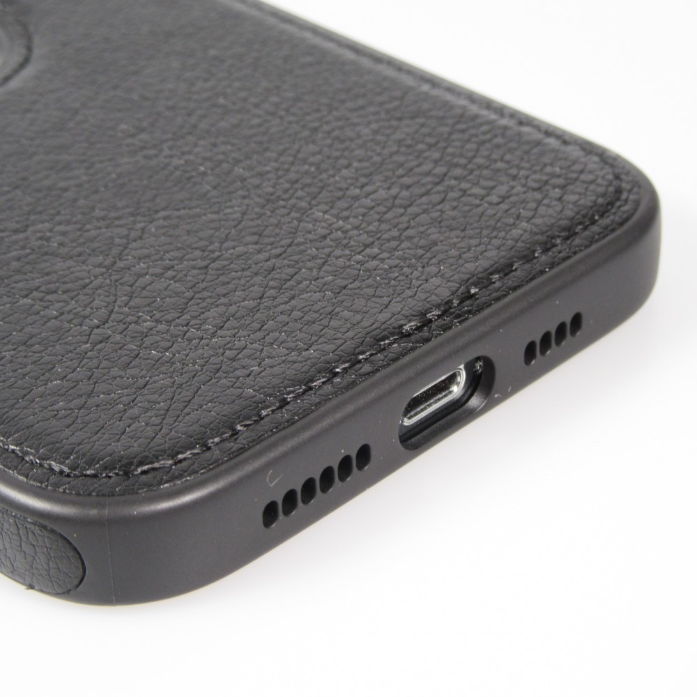 iPhone 13 Pro Max Case Hülle - Premium Leder mit Ziernähten und Loch   - Schwarz