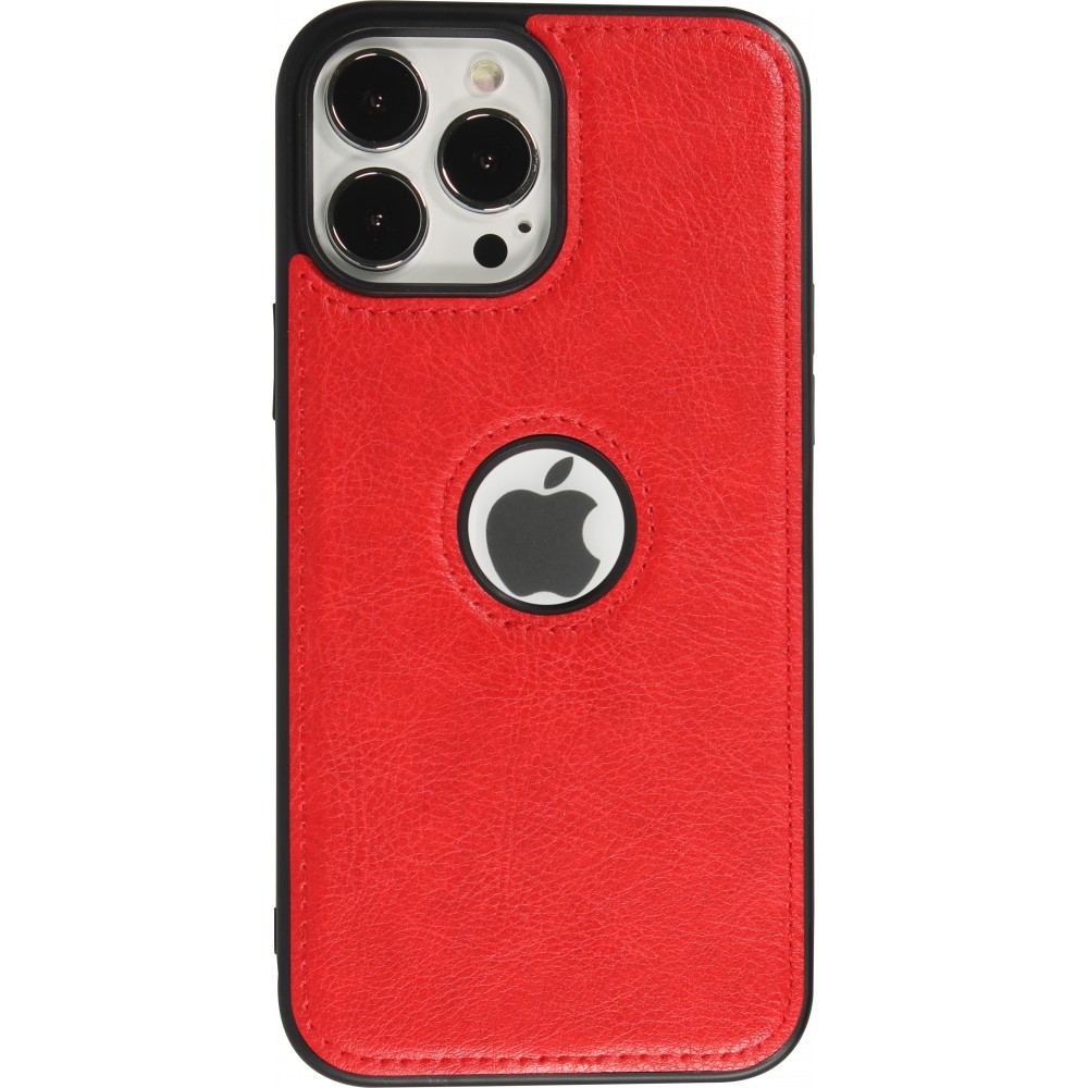 iPhone 13 Pro Max Case Hülle - Premium Leder mit Ziernähten und Loch   - Rot