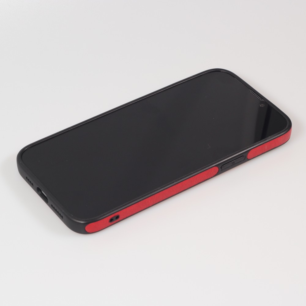 iPhone 13 Pro Max Case Hülle - Premium Leder mit Ziernähten und Loch   - Rot